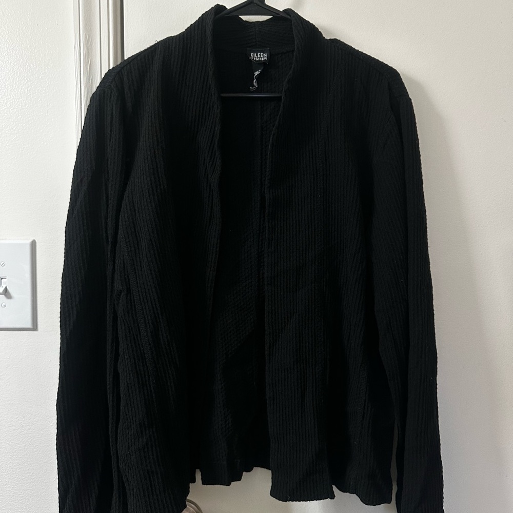 Eileen Fisher Black Textured Cloqué Knit Open Front cardigan
